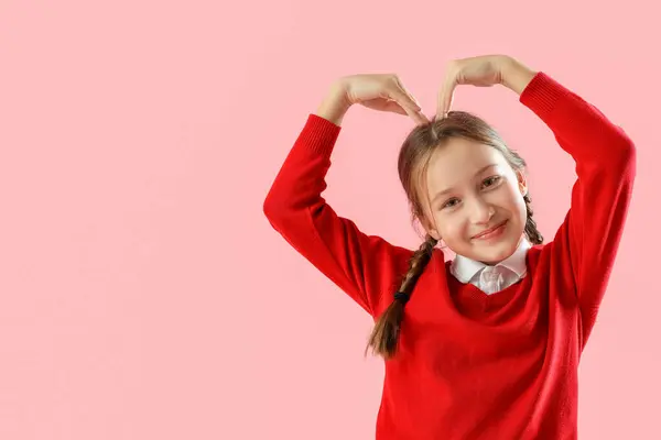 Cute Little Girl Making Heart Arms Pink Background Valentine Day — 图库照片