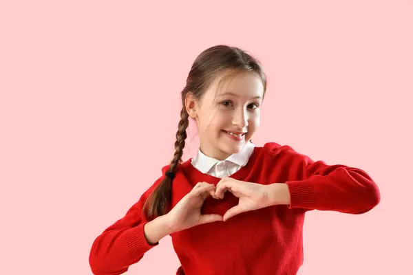 Cute Little Girl Making Heart Hands Pink Background Valentine Day — 图库照片
