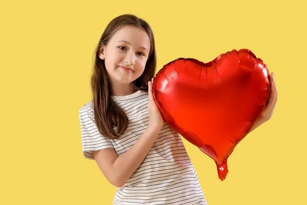 Cute Little Girl Heart Shaped Air Balloon Yellow Background Valentine — 图库照片