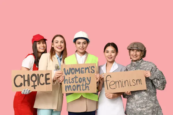 Women Different Professions Holding Cardboard Pieces Different Text Pink Background — Foto de Stock