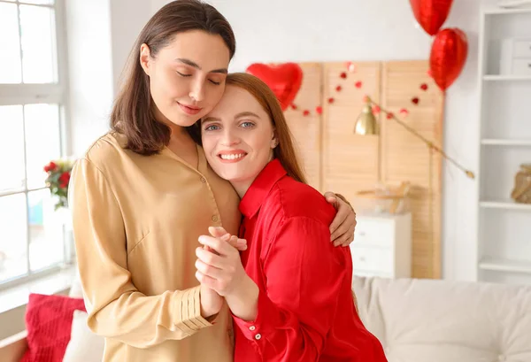 Young Lesbian Couple Hugging Home Valentine Day — Stockfoto