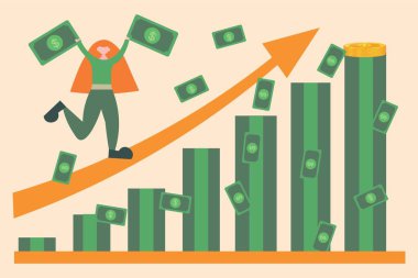 Dolar banknotları ve yükselen okla koşan kadın. Artan fiyatlar kavramı