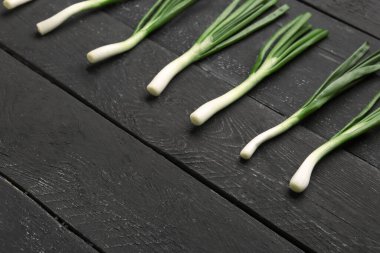 Siyah ahşap zemin üzerinde taze yeşil soğan.