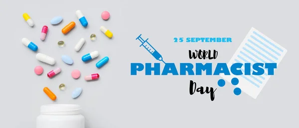Banner for World Pharmacist Day with different pills