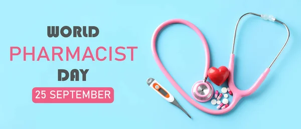 Banner for World Pharmacist Day with stethoscope, pills, thermometer and heart