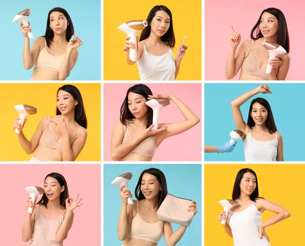 Collage of young Asian woman with photoepilator on color background