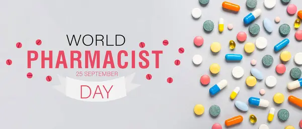 Banner for World Pharmacist Day with different pills