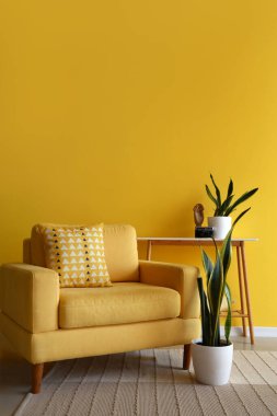 Rahat koltuk, konsol masası ve sarı duvarın yanındaki bitkiler.