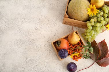 Beyaz arka planda farklı taze meyveler olan tahta kutular.