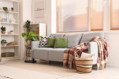 Rahat kanepesi ve raf ünitesi olan modern oturma odasının içinde.