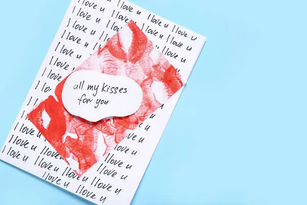 Text All MY KISSES FOR YOU and greeting cards on color background, closeup. Valentine's Day celebration