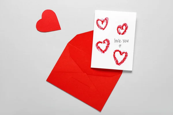 Red Envelope Card Text Love You Grey Background Valentine Day — Stock Photo, Image