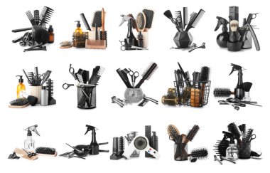 Birçok farklı kuaför aletleri beyaz üzerine izole  