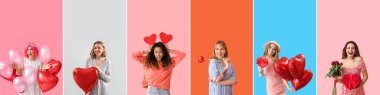 Renkli arka planda Sevgililer Günü 'nü kutlayan güzel genç kadınlar koleksiyonu.