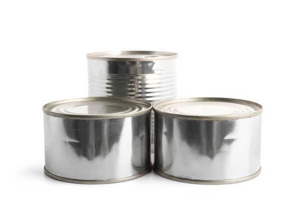 Tin cans with fish isolated on white background