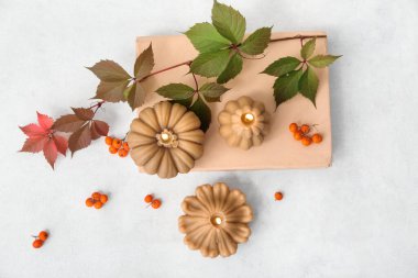 Balkabağı şeklinde yanan mumlar ve beyaz arkaplan üzerine kitap ile güzel sonbahar kompozisyonu