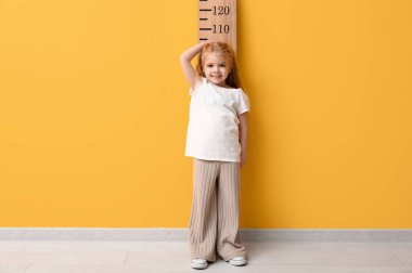 Sarı duvarın yanında boyunu ölçen sevimli küçük bir kız.