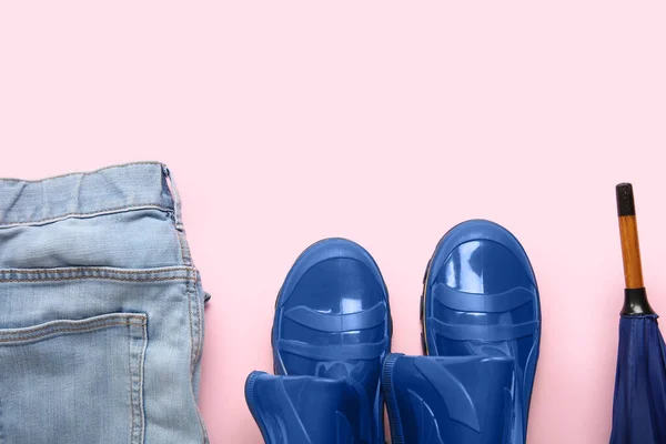 Blue Gumboots Jeans Umbrella Pink Background — Stock Photo, Image