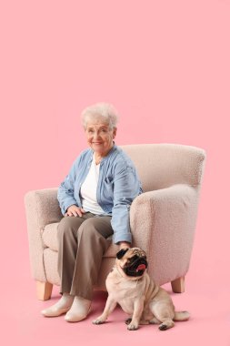 Yaşlı kadın köpeğiyle pembe arka planda koltukta oturuyor.