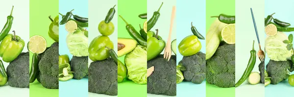 Collage of healthy green vegetables on color background