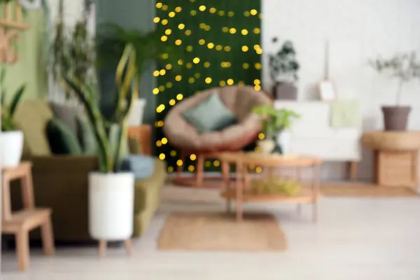Blurred view of living room with green plants, armchair and glowing lights