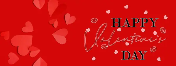 Greeting Banner Valentine Day Beautiful Paper Hearts Red Background — Stock Photo, Image
