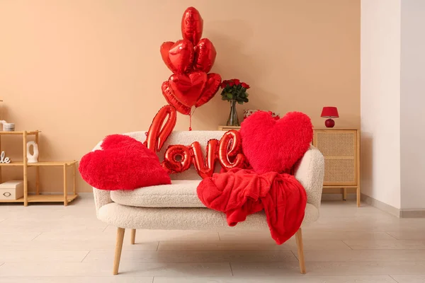 Interior of stylish festive living room with heart-shaped balloons and roses bouquet. Valentine\'s Day celebration
