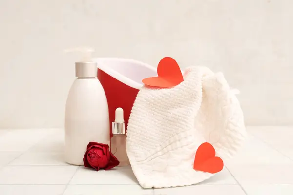 Mini Bathtub Bath Supplies Paper Hearts Rose White Tile Wall Royalty Free Stock Photos