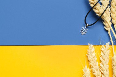 Ukrayna bayrağına karşı Ukrayna arması ve buğday dalları taşıyan kolye