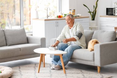 Pomeranya köpeği olan yaşlı kadın evdeki koltukta kan basıncını ölçüyor.