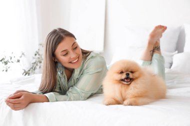 Pomeranya köpeği olan genç bir kadın yatak odasında yatıyor.