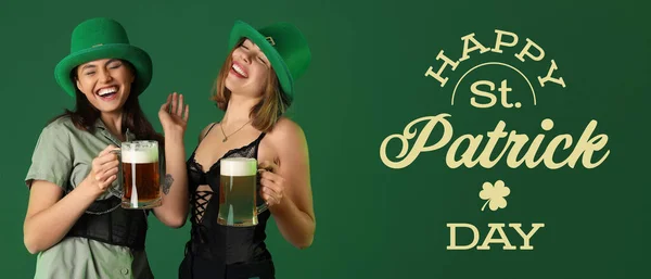 Groet Spandoek Voor Patrick Day Met Mooie Vrouwen Die Bier — Stockfoto