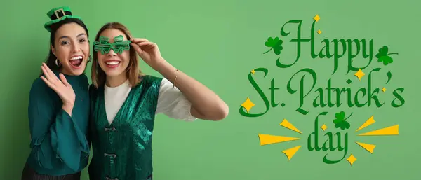 Groet Banner Voor Patrick Day Met Mooie Vrouwen Groene Achtergrond — Stockfoto