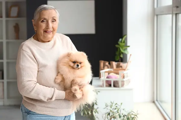 Senior woman with Pomeranian dog near window at home