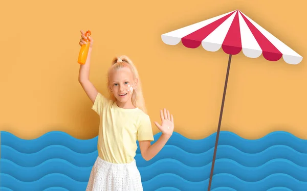 Little girl with sunscreen cream on drawn sea beach
