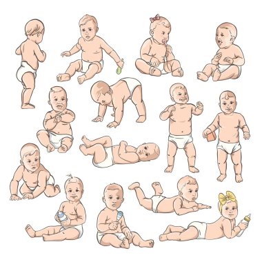 Beyaz arka planda şirin bebekler.