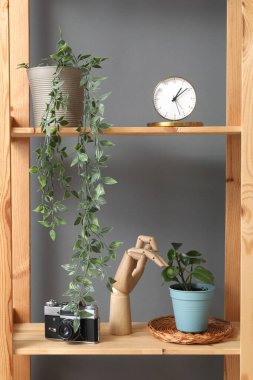 Alarmlı saat, ev bitkileri ve dekorlu raf ünitesi