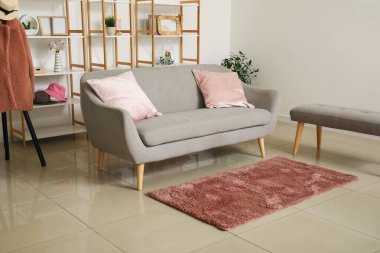 Yumuşak halısı ve gri kanepesi olan modern oturma odasının içinde.