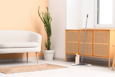 Oturma odasındaki plastik zeminde paspas ve bir şişe deterjan var.