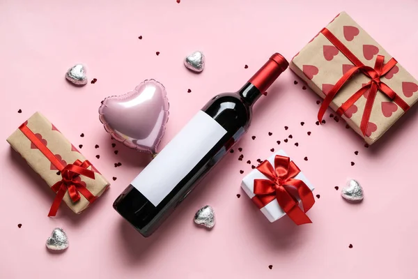 Bouteille Vin Avec Coffrets Cadeaux Bonbons Chocolat Ballon Air Forme — Photo