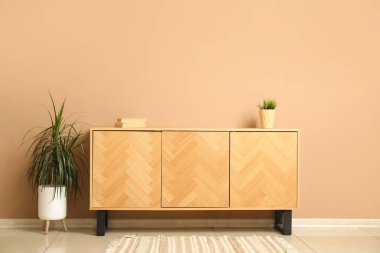 Odada bej duvarın yanında kitap ve bitkilerle televizyon standı