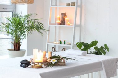 Işık salonundaki kanepede yanan mumlar ve su tesisatı çiçekleri olan spa kompozisyonu