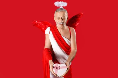 Kırmızı arka planda hediye kutusu olan Eros gibi giyinmiş olgun bir adam. Sevgililer Günü kutlaması