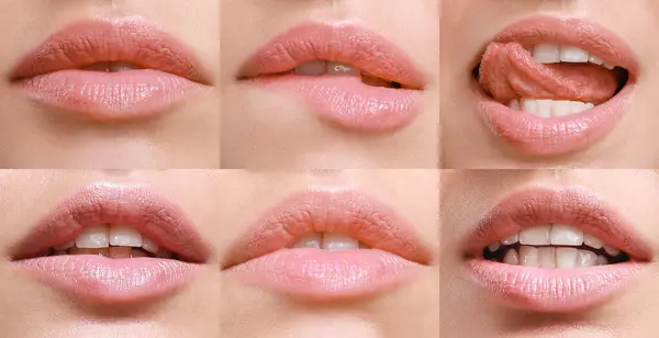 Collage of young woman\'s face with pink lipstick, closeup