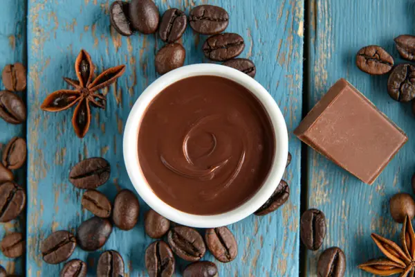 Mavi ahşap arka planda lezzetli eritilmiş çikolatalı kompozisyon