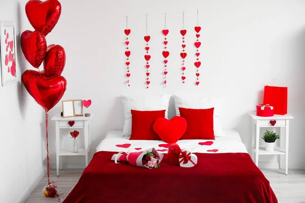 Interior of festive bedroom with decorations for Valentine\'s Day celebration