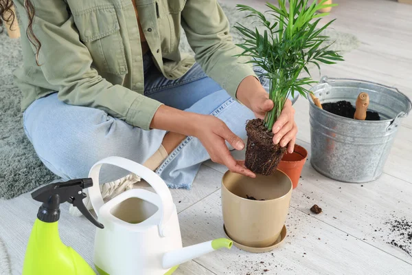 Evde nakil yapan genç bir kadın, yakın plan.