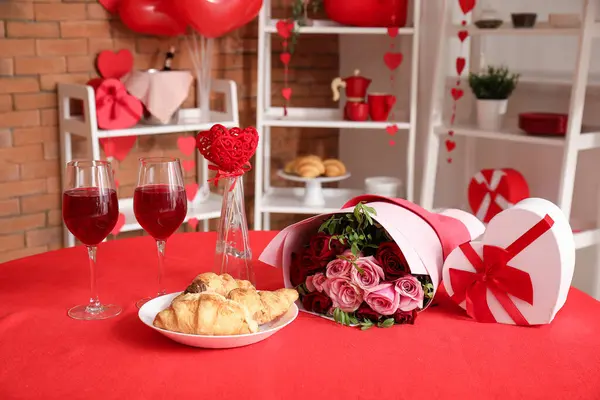 Festive Table Serving Wine Glasses Croissants Bouquet Roses Valentine Day Royalty Free Stock Photos