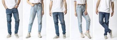 Açık arkaplanda şık kot pantolon giyen genç erkek ve kadın kolajı