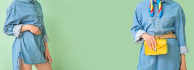 Nane arkaplanında şık kotlar giyen genç bir kadın ve metin için yeri var.